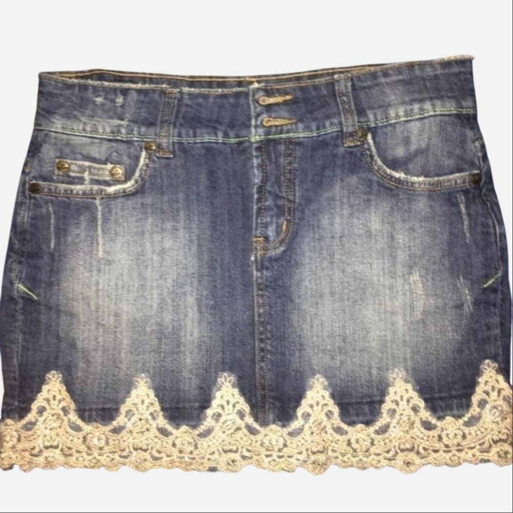 Denim Skirt with Lace Trim